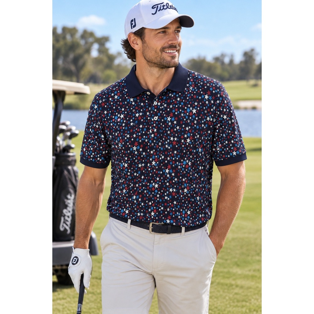 Lands End Mens XXL Star Print Polo Shirt Patriotic USA Golf Traditional Fit